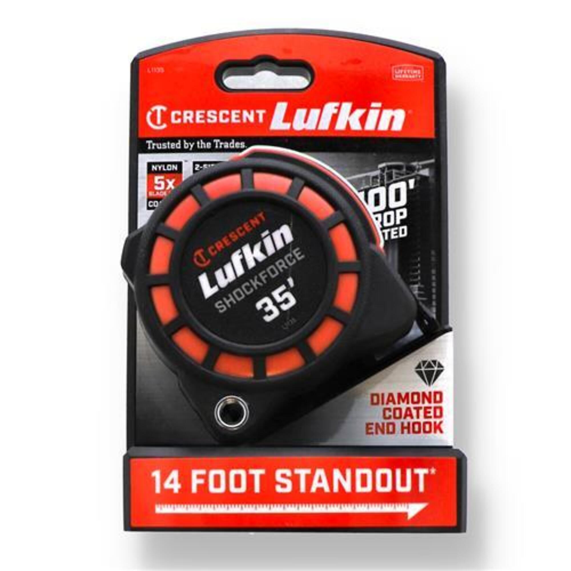 Crescent, LUFKIN SHOCKFORCE 35ft.X1-3/16in. TAPE MEASURE, Length 35 ft, Wheel Circumference 2 ft, Measures Up To 35 ft, Model# L1135